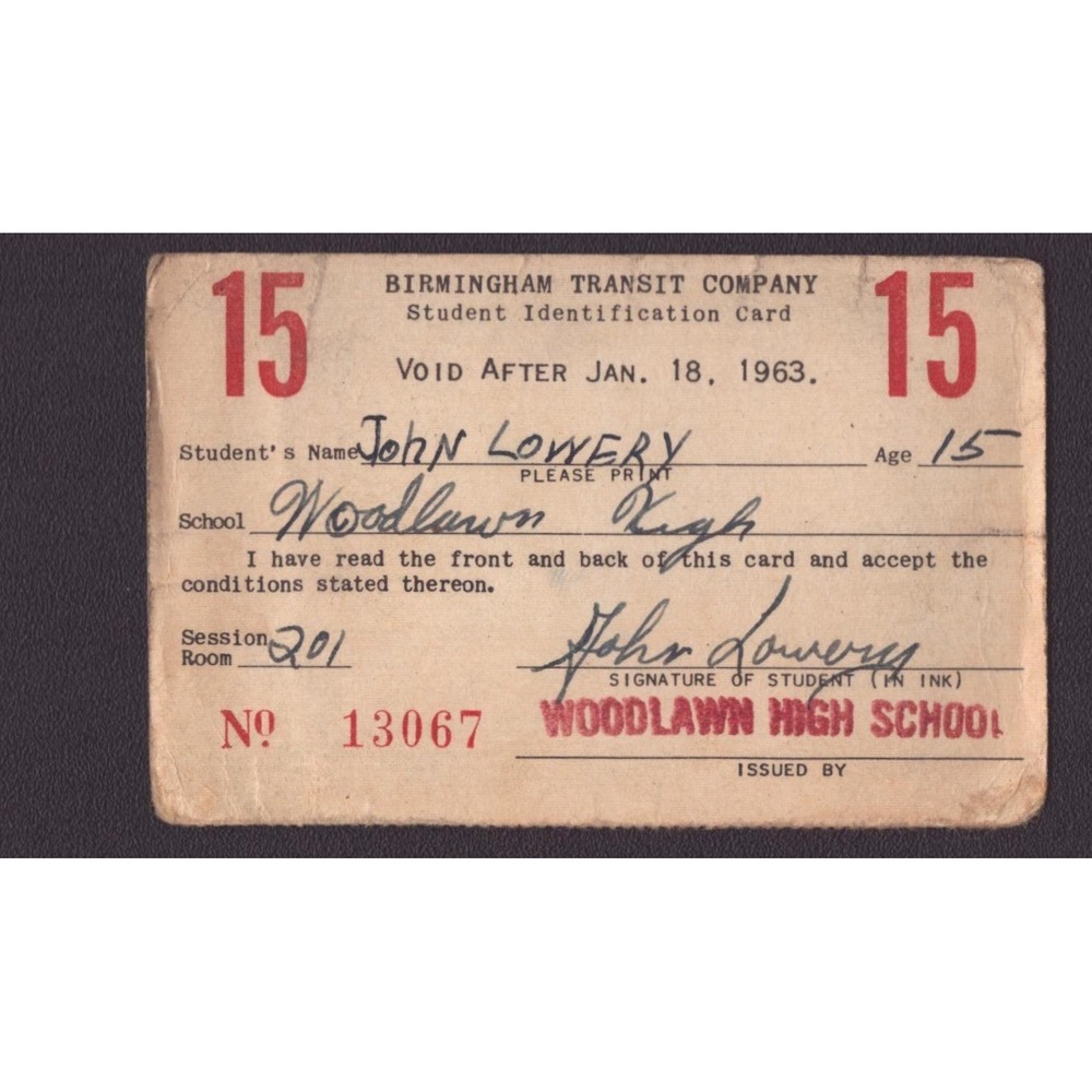 1963 Birmingham Transit Co Woodlawn High School Student ID Card John Lowery - Picture 1 of 2